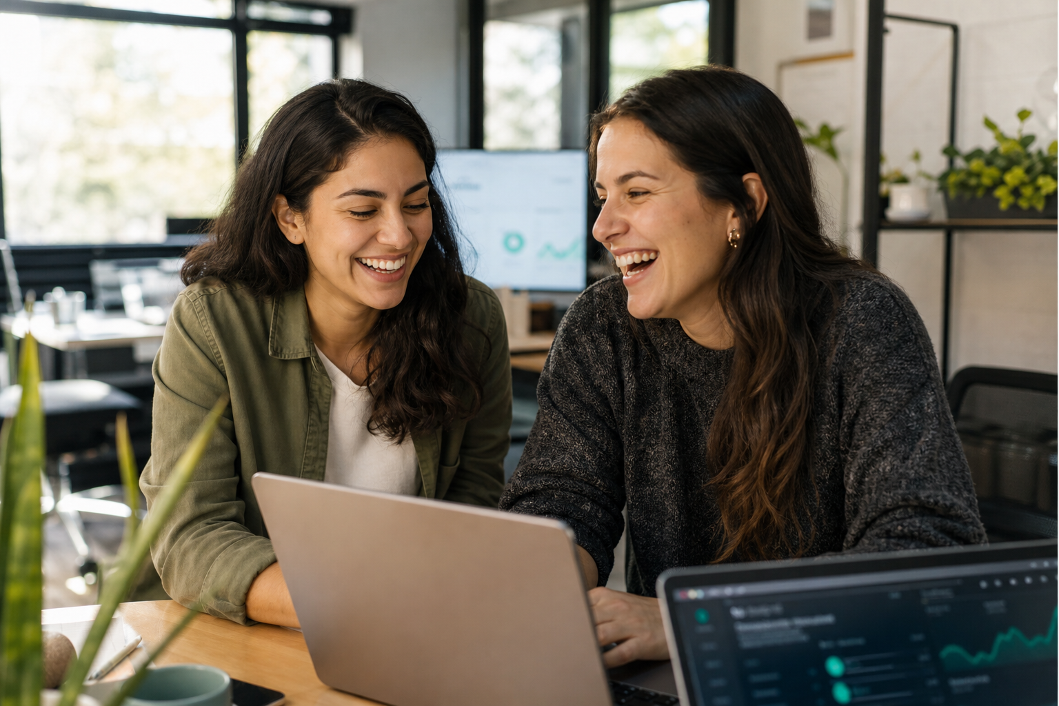 Dos personas revisan un computador portátil en una oficina.